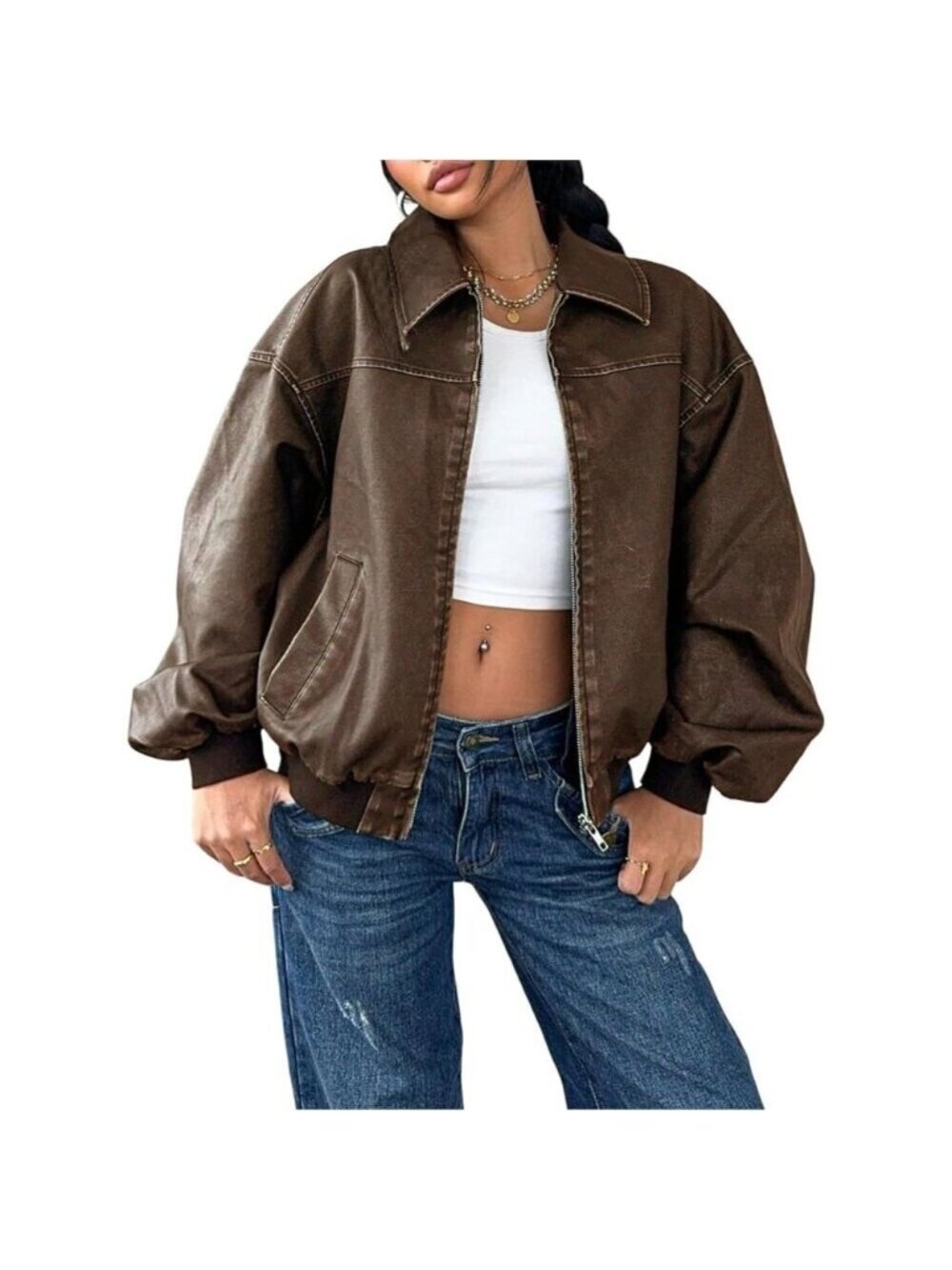 Women Brown Faux Leather Jacket Zip Up Oversized Motorcycle Outfits Winter Coats